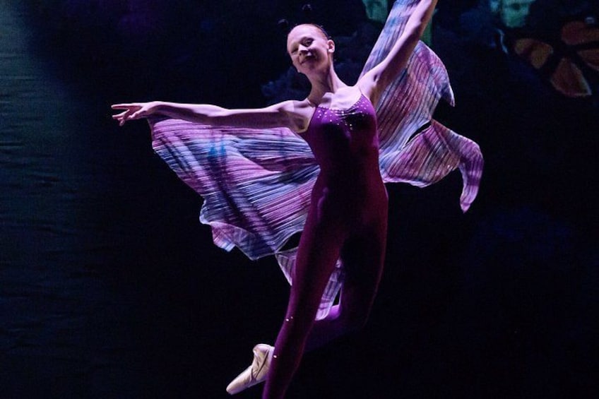 A ballet dancer in mid-performance with a flowing costume. 5