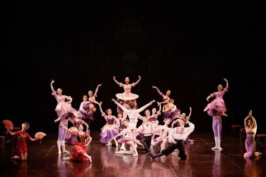 Uno spettacolo di balletto con ballerini in costumi rosa e bianchi su un palcoscenico. 1