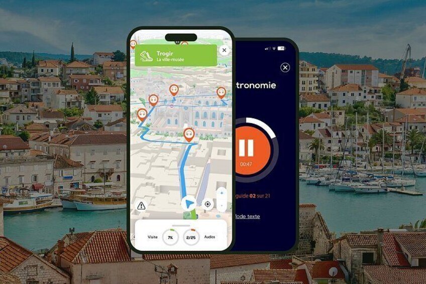A smartphone displaying a map with a route and a music player with a pause icon. 1