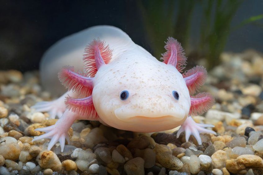 An axolotl with pink gills and a transparent body, lying on a bed of small pebbles. 5
