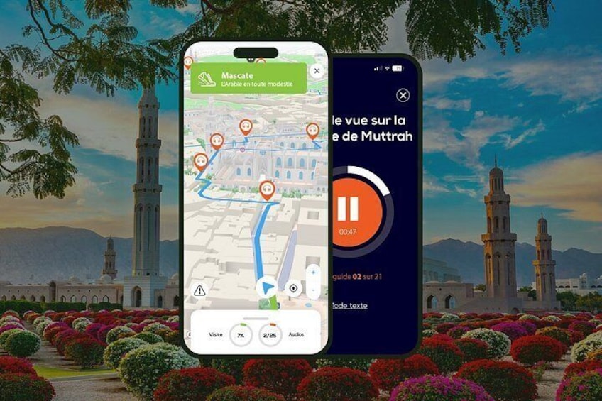 Un teléfono inteligente mostrando un mapa con una ubicación marcada como 'Moscate' y una pantalla de reproducción con un temporizador. 1