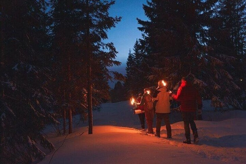 A snowy path with people holding torches, surrounded by evergreen trees. 1