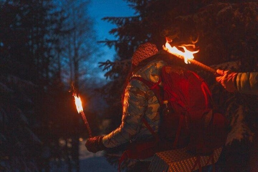 A person holding a torch in a snowy forest at night. 5