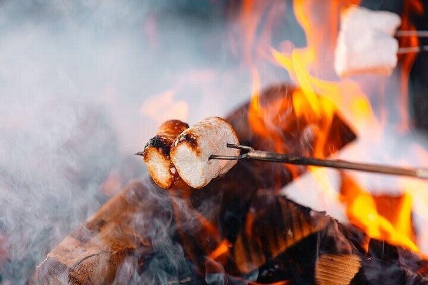 Two marshmallows being roasted over an open flame. 4