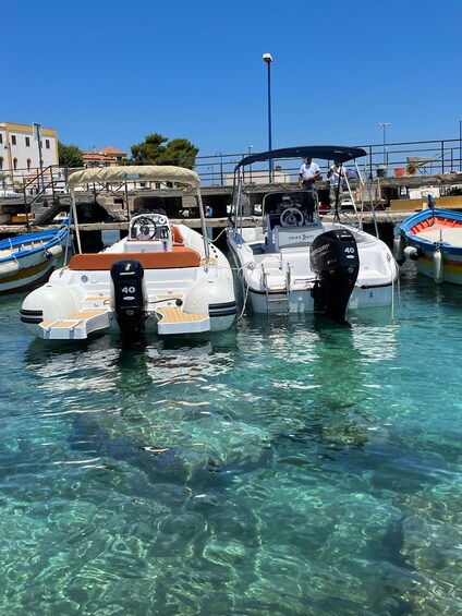 A marina with several small boats docked in clear water. 3