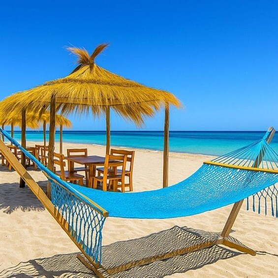 A beach with a hammock, wooden chairs, and a thatched umbrella. 2