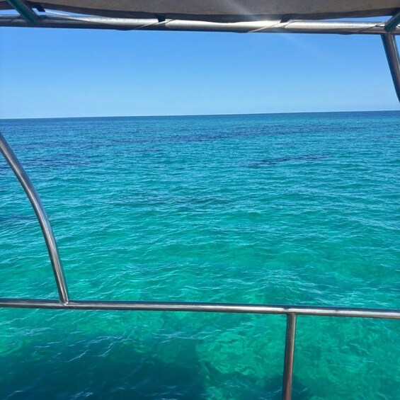 Clear turquoise water, a metal railing, and a clear blue sky. 3