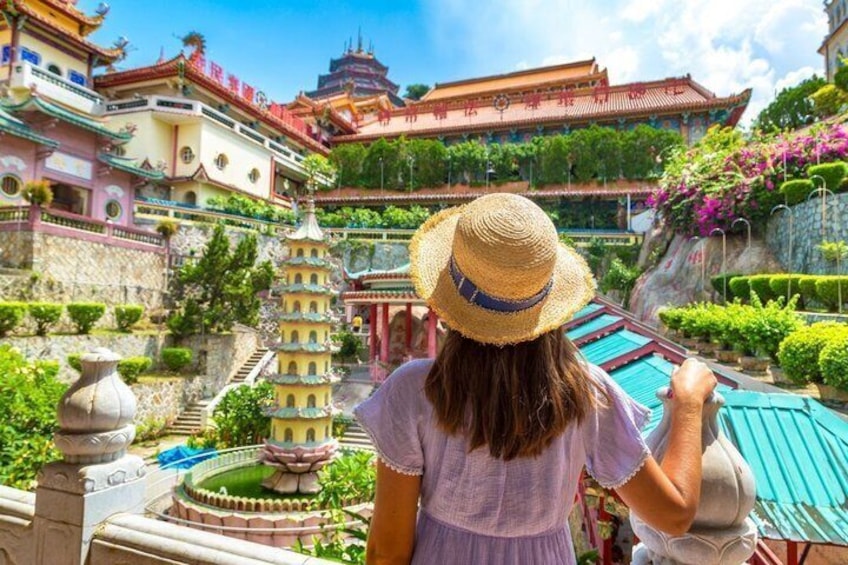 A person overlooking a traditional Chinese garden with pagodas and ornate architecture. 5