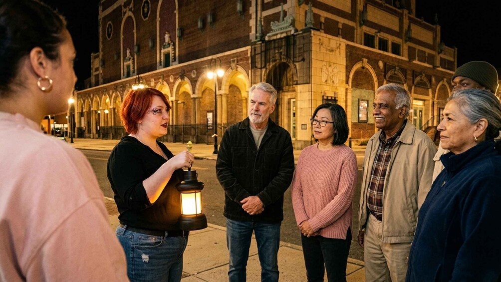 A group of people standing on a sidewalk at night, with a historic building in the background. 2