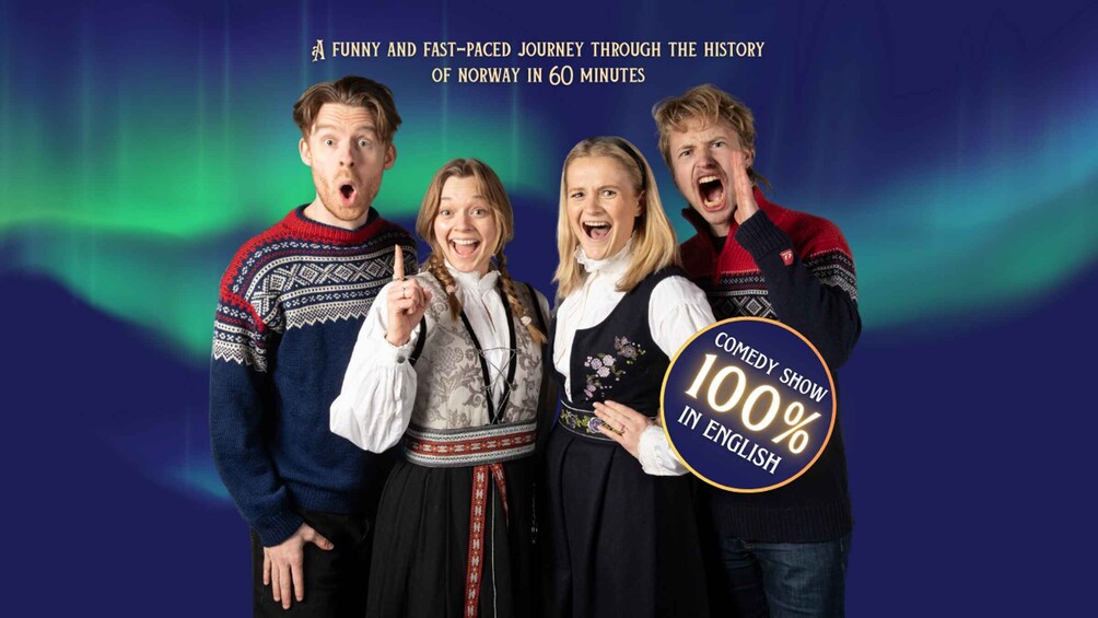 Four people in traditional Norwegian attire with a colorful aurora backdrop. 1