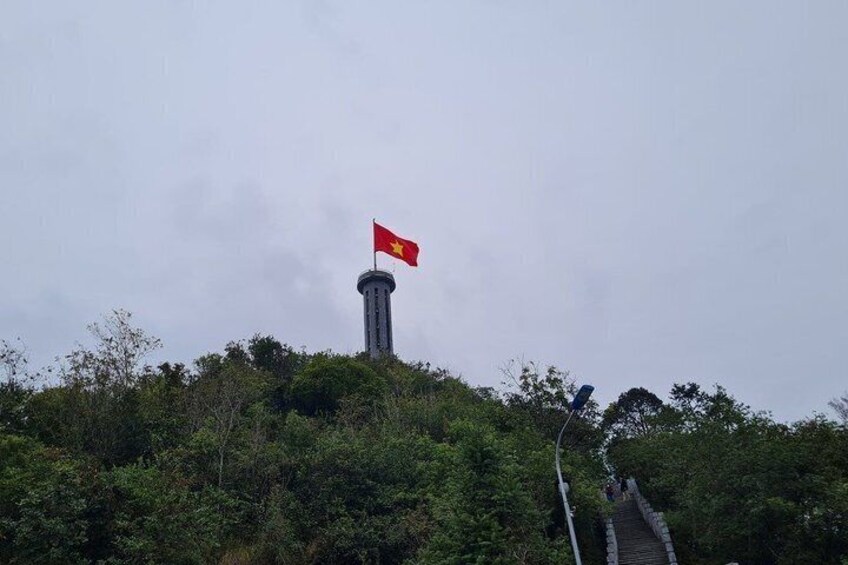 A flag atop a tower, surrounded by dense foliage. 3