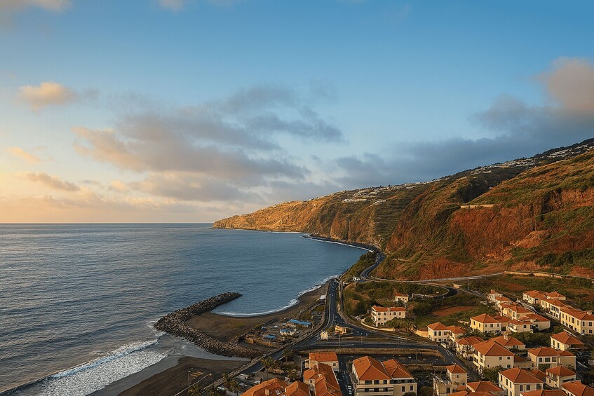 A coastal town with houses along the beach, a road curving through the landscape, and a rocky cliff overlooking the sea. 4