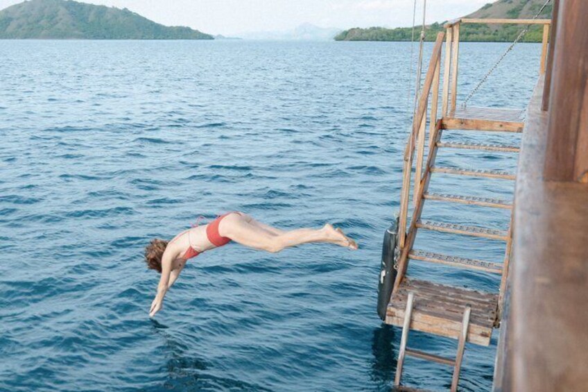 A person diving into the water from a wooden dock. 4