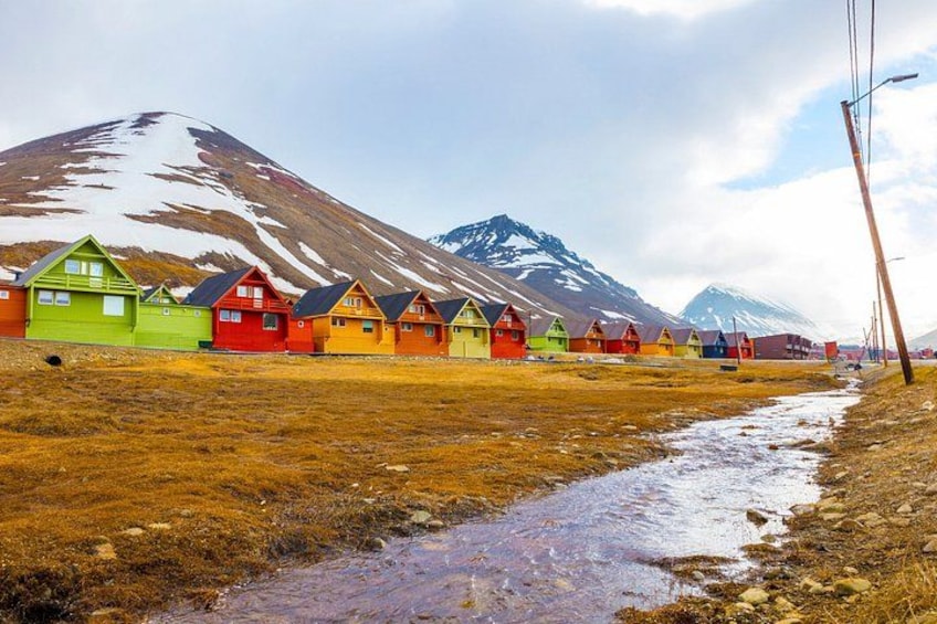 A row of colorful houses with a mountain in the background. 2