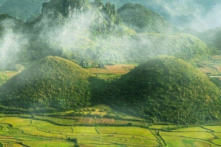 Terraced rice fields, lush greenery, and misty mountains. 2