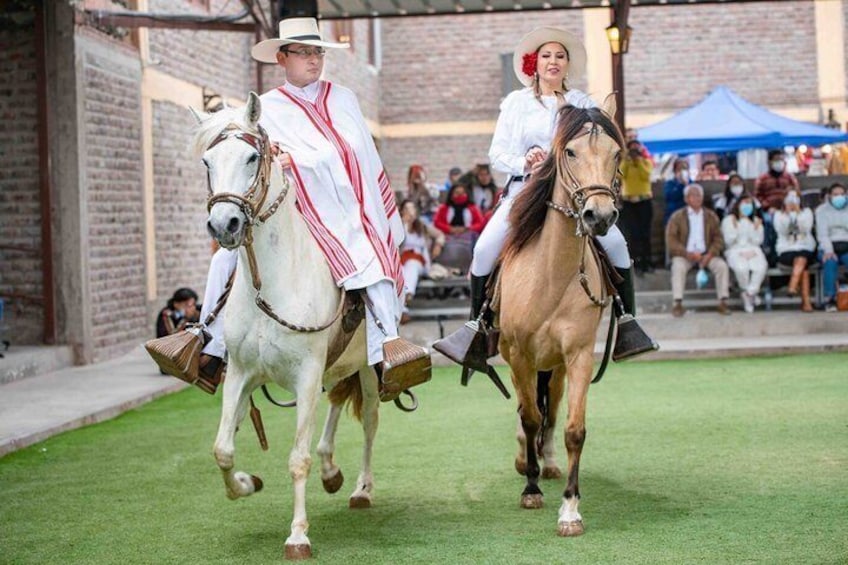 Dos personas vestidas con atuendo tradicional montando a caballo en una zona cubierta de pasto, con espectadores al fondo. 5