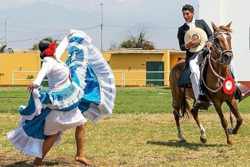 Una persona bailando con un vestido azul y blanco, un caballo con un lazo rojo, y otra persona montando el caballo. 2