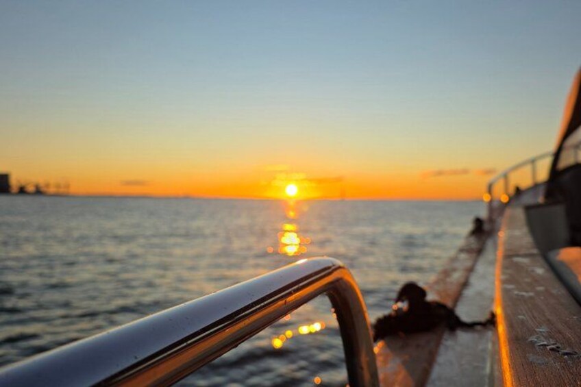 A sunset over water with a boat's railing in the foreground. 3