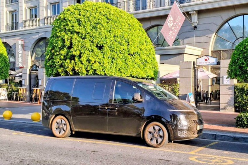 A black van with a large green topiary on its roof, parked on a street with yellow bollards and a building with a sign that reads 'Tiger's'. 3