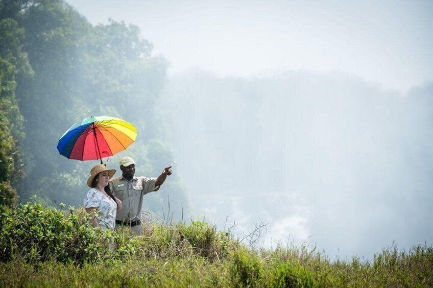 A couple standing on a grassy hill overlooking a misty waterfall. 3