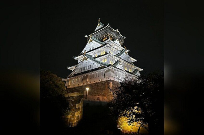 Eine Burg bei Nacht mit beleuchteten Fenstern und dunkler Umgebung. 1