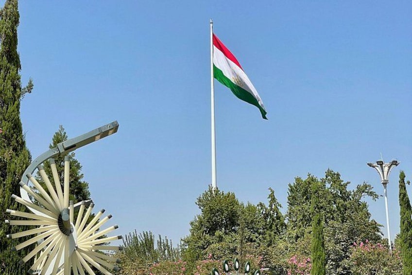 A flagpole with a flag, a windmill, and trees in the background. 3