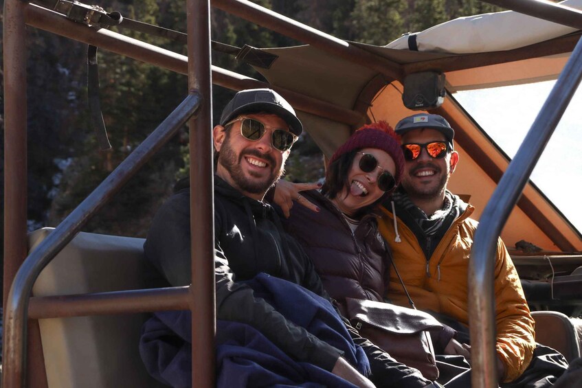Two people in a vehicle with a metal frame and a canopy. 1