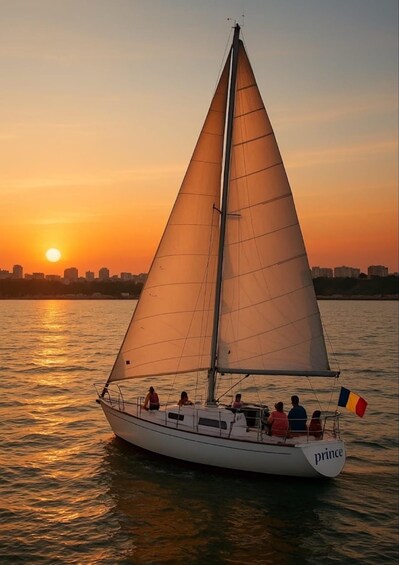 A sailboat named 'prince' with a crew, sailing on calm waters during sunset. 1