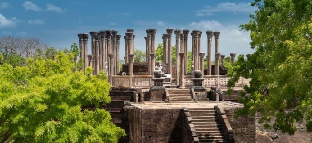 Ancient stone columns and steps in a lush green setting. 5