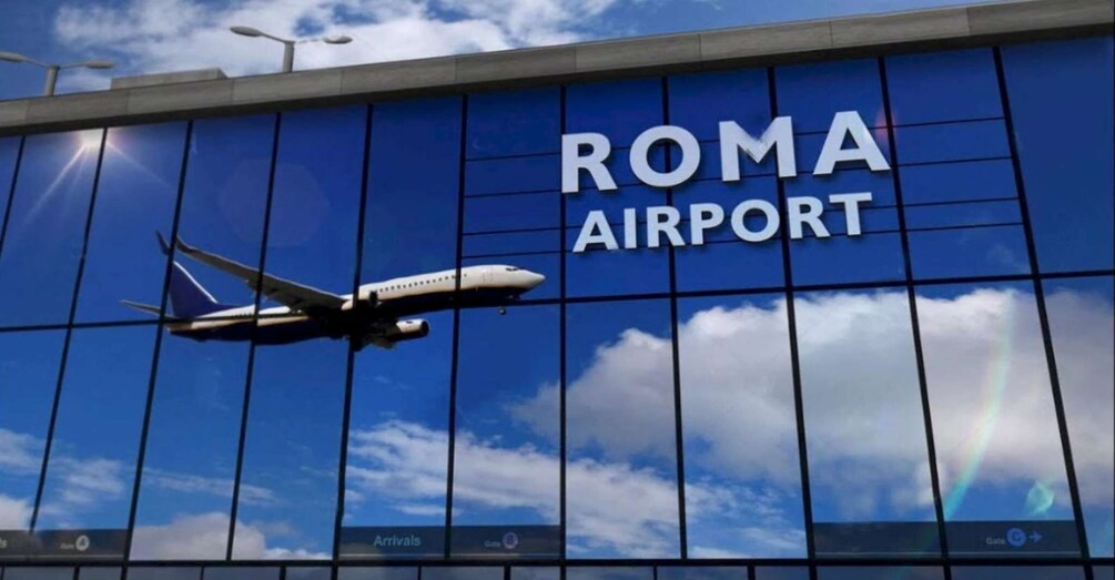 An airplane flying in front of the Roma Airport sign. 5