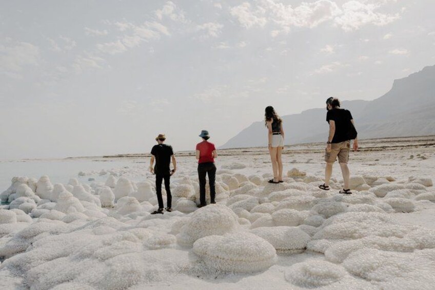 A group of people standing on a salt flat with white salt formations and mountains in the background. 4