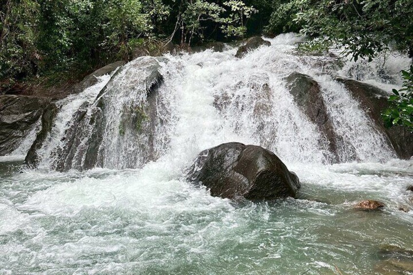 Een waterval met water dat over rotsen stroomt, omgeven door weelderige begroeiing. 4