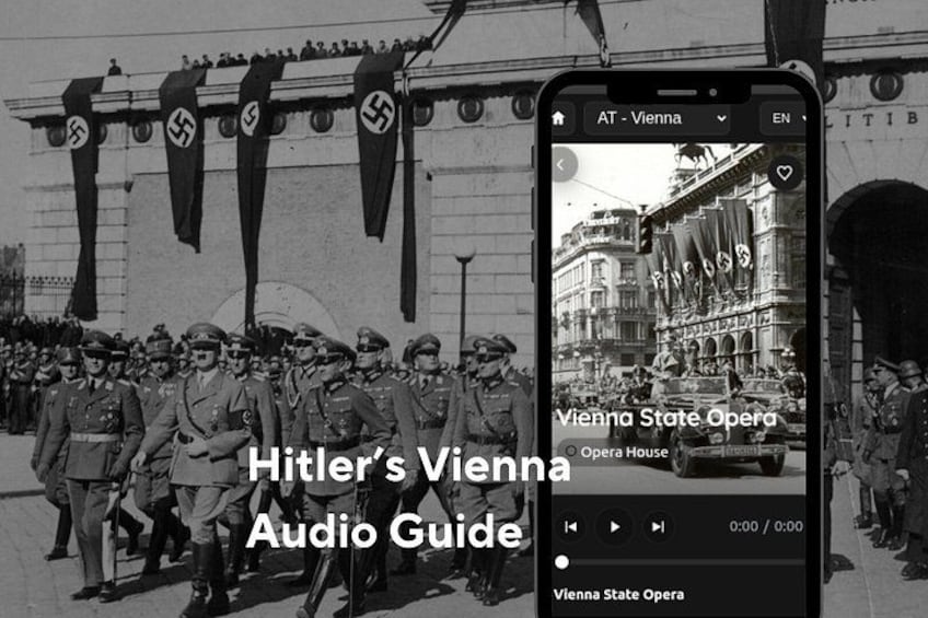 Fotografía en blanco y negro de un evento histórico con soldados y un edificio con banderas. 1