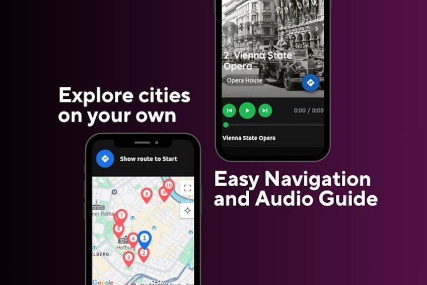 Un teléfono inteligente muestra un mapa con chinelos de ubicación y una guía de audio para la Ópera Estatal de Viena. 3