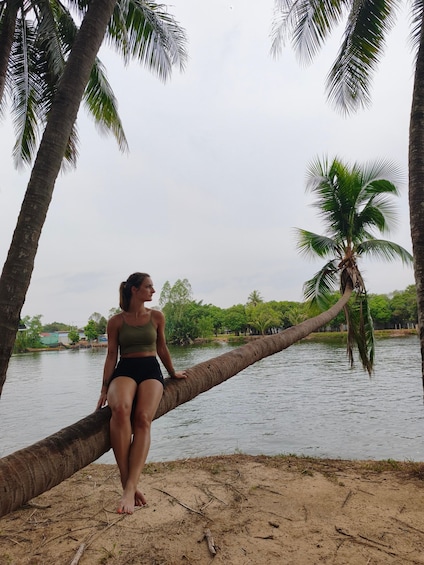 A person sitting on a palm tree branch by a body of water. 3