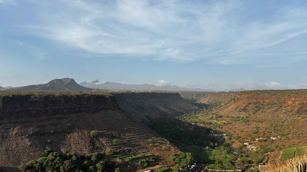 A mountainous landscape with terraced fields and scattered houses. 2