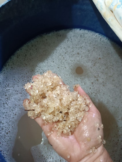 A hand holding sugar crystals above a bubbling liquid. 4