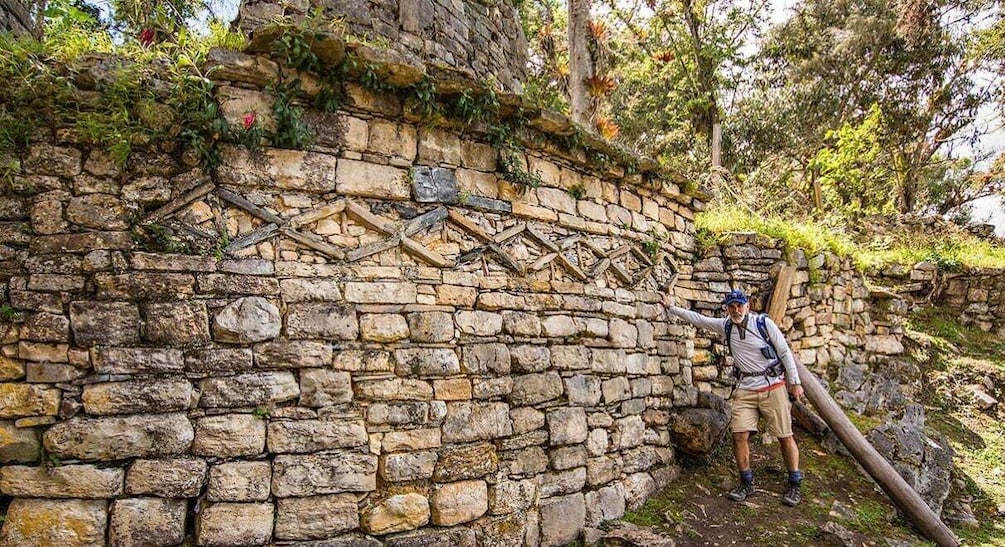 A hiker standing next to a stone wall with vegetation growing on it. 5