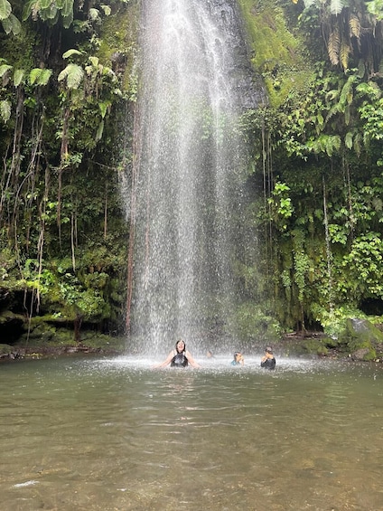 A waterfall in a forested area with people enjoying the water. 5