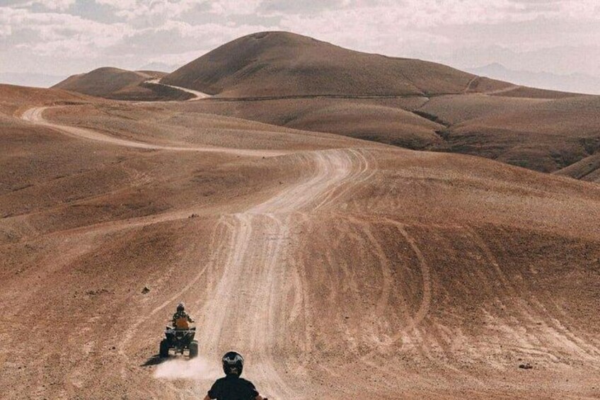 A desert landscape with undulating terrain and a dirt road. 2
