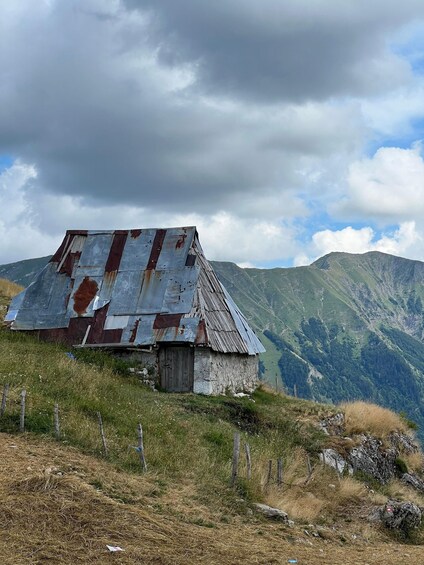 A dilapidated wooden house with a corrugated metal roof, surrounded by a grassy field and a mountain range in the background. 1