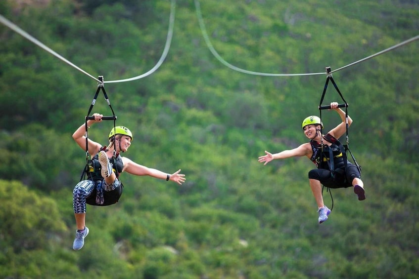 Two people bungee jumping from a high platform with a lush green landscape in the background. 5