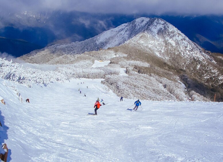 A snowy mountain slope with skiers descending. 1