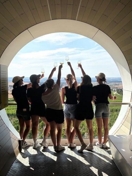 A group of people toasting with wine glasses in a semi-circular room with a view of a vineyard. 1