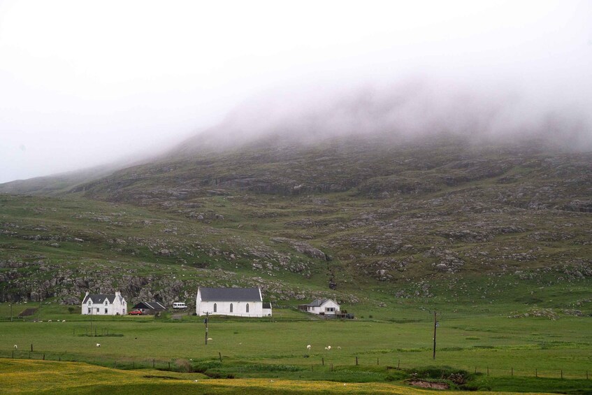 A white house with a red car, sheep grazing, and a mist-covered hill. 2