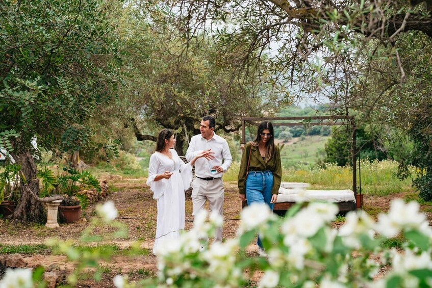 Three people standing under a tree in a garden with potted plants and a bench. 2