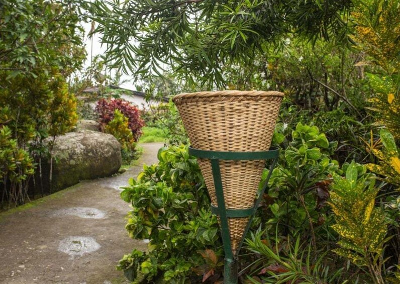 A garden path with a wicker basket on a green stand. 2