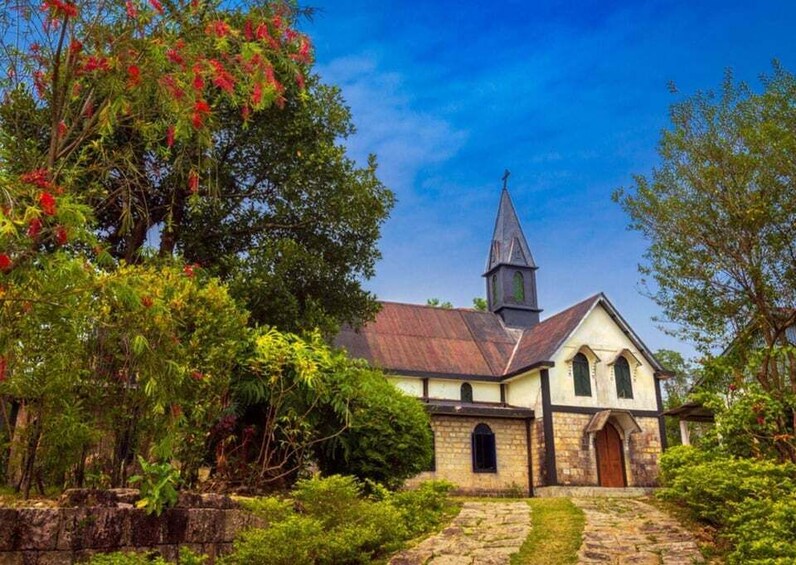 A church with a steeple, surrounded by lush greenery and flowering trees. 4