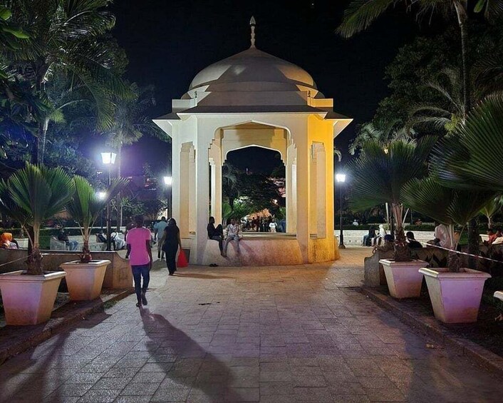 Scena notturna con un gazebo illuminato al centro, circondato da piante in vaso e palme. 5