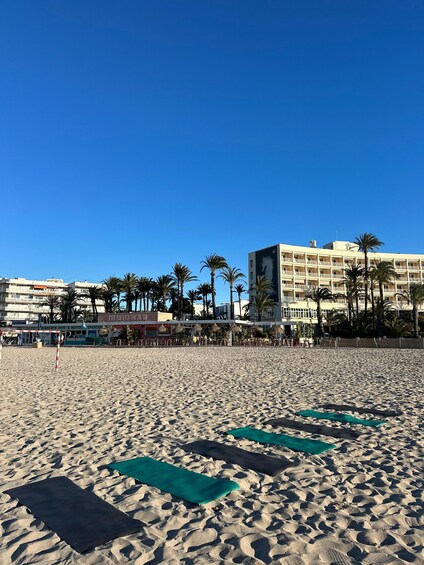 A sandy beach with palm trees and a building in the background. 5